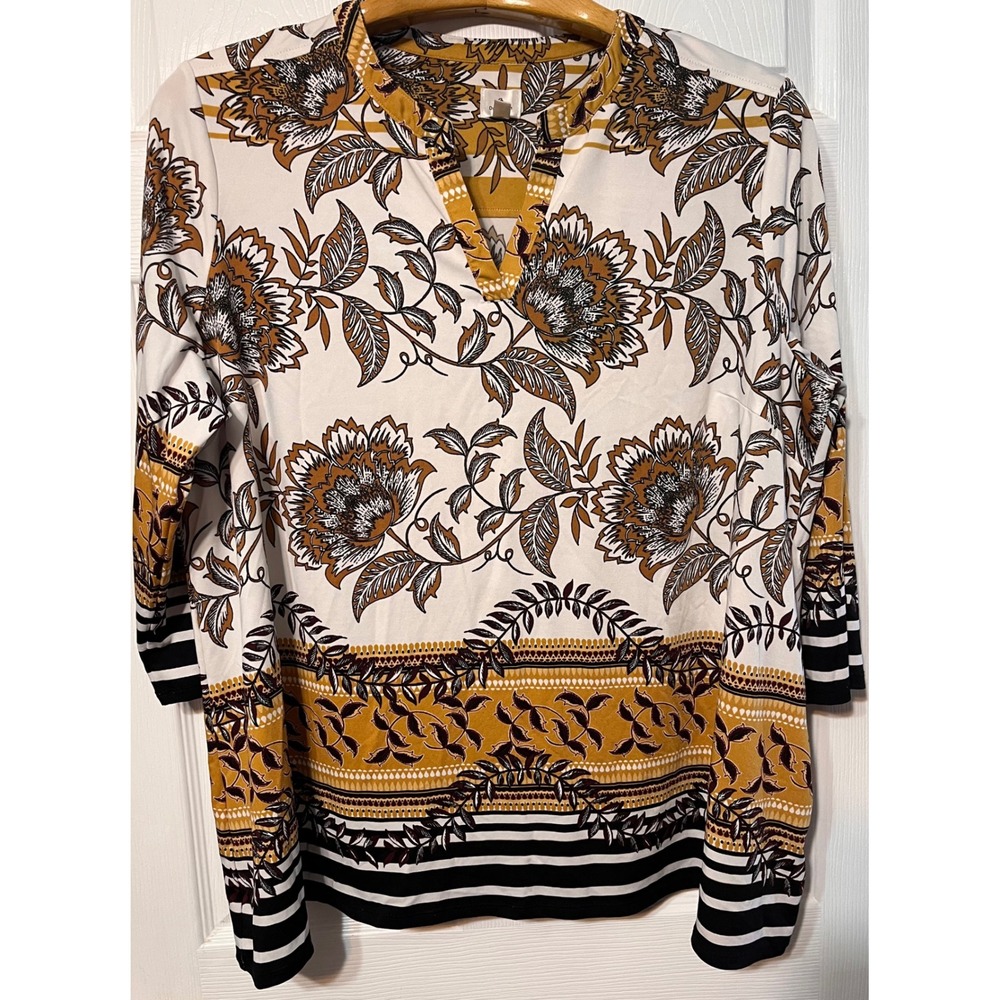 Dressbarn Womens 2X Floral Split V-Neck 3/4 Sleeve Tunic Blouse Mustard Brown